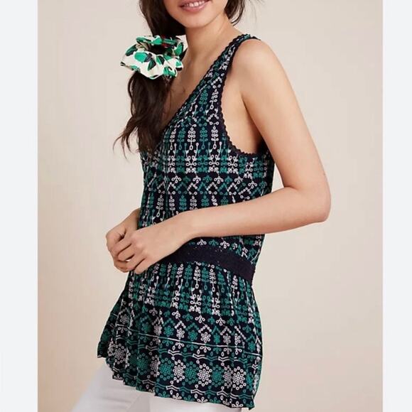 Maeve by Anthropologie sleeveless navy and green eyelet lace blouse - Picture 2 of 8